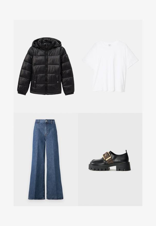Melnā uzpušķotā puffer jaka ar kapuci, ar rāvējslēdzēju, pogu kabatām, elastīgām piedurknēm un logo uzlīmi kreisajā piedurknē.; Balta kokvilnas T-krekls ar īsām piedurknēm, apaļu dekoltē, brīva piegriezuma un šūtu apakšmalu. Etiķete redzama iekšējā kakla daļā.; Platām kājām zili denim džinsi ar augstu jostasvietu, ar klasisko piecu kabatu dizainu un pogu aizdari, izgatavoti no teksturēta kokvilnas auduma.; Melnas ādas kurpes ar masīvu zoli, ar zelta sprādzi un teksturētu brūnu akcentu. Apaļa purngala forma un minimālistisks dizains.