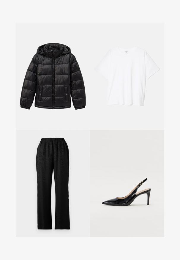 Veste en duvet matelassée noire avec capuche, fermeture éclair, poches à boutons-pression, poignets élastiques et écusson logo sur la manche gauche.; T-shirt en coton blanc avec des manches courtes, un col rond, une coupe décontractée et un ourlet cousu. Étiquette visible à l'intérieur du col.; Pantalons noirs à taille élastique avec un design texturé présentant un motif discret, coupe droite et un tissu léger.; Pompe slingback en cuir verni noir avec un bout pointu, un talon fin et un design de découpes subtil. Elle dispose d'une boucle dorée sur la sangle.