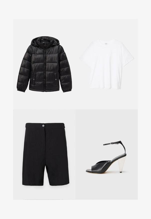 Black quilted puffer jacket with hood, zip closure, snap-button pockets, elastic cuffs, and logo patch on the left sleeve.; White cotton t-shirt with short sleeves, round neckline, relaxed fit, and stitched hem. Label visible on the inside neck.; Black shorts made of lightweight fabric, tailored design with a button front closure, flat waistband, and straight-cut legs.; Black leather high heel sandal with open toe, asymmetrical design, ankle strap, and a metallic cone-shaped heel. Smooth texture throughout.
