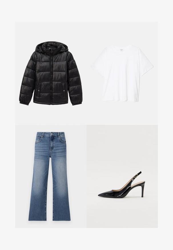 Melnā uzpušķotā puffer jaka ar kapuci, ar rāvējslēdzēju, pogu kabatām, elastīgām piedurknēm un logo uzlīmi kreisajā piedurknē.; Balta kokvilnas T-krekls ar īsām piedurknēm, apaļu dekoltē, brīva piegriezuma un šūtu apakšmalu. Etiķete redzama iekšējā kakla daļā.; Gai zila denima platpantus ar augstu jostasvietu, kas aprīkoti ar priekšējām kabatām, pogu aizdari un izbalējušu rakstu uz kājām.; Melnas lakotās ādas slingback kurpes ar izteiktu degunu, šauru papēdi un smalku izgriezumu dizainu. Siksniņai ir zelta sprādze.