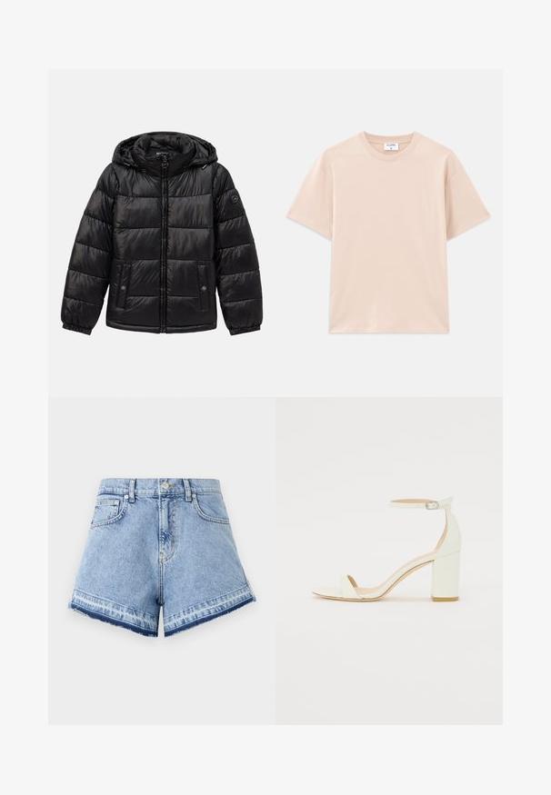 Črna podložena puhovka s kapuco, zadrgo, žepoma na nastavek s gumbom, elastičnimi manšeti in logotipom na levem rokavu.; T-maica s kratkimi rokavi v svetli bež barvi, izdelana iz mehkega bombaža. Okrogla izreza, sproščen kroj, s pravim robom in brez vzorcev ali grafike.; MOSCHINO JEANS Kratke hlače iz džinsa - multi light blue; Bela usnjena sandala z blok peto, ki ima zanko okoli gležnja s sponko in minimalističen dizajn. Odkrit prst in gladke teksture po vsej površini.