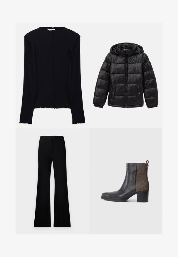 Schwarze, gesteppte Daunenjacke mit Kapuze, Reißverschluss, Druckknopf-Taschen, elastischen Bündchen und Logo-Patch am linken Ärmel.; Schwarz langärmliges Oberteil aus weichem Stoff. Mit einem gewellten Ausschnitt und Saum, simplem, tailliertem Design. Keine zusätzlichen Verzierungen.; Schwarze ausgestellte Hose mit einer glatten Textur, tailliertem Bund und Fronttaschen, entworfen mit einer eleganten, modernen Silhouette.; Schwarze Leder Stiefelette mit einem strukturierten braunen Muster an der Seite, einem Blockabsatz und einer Schlaufe für einfaches Anziehen.