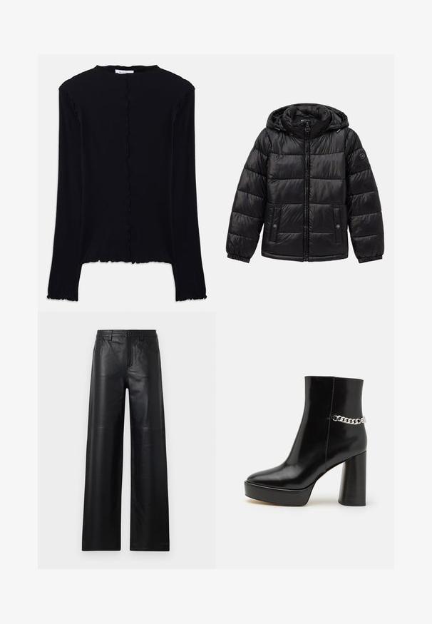 Black quilted puffer jacket with hood, zip closure, snap-button pockets, elastic cuffs, and logo patch on the left sleeve.; Black long-sleeve top made of soft fabric. Features a scalloped neckline and hem, with a simple, fitted design. No additional embellishments.; Wide-leg black leather pants with a smooth texture, featuring front pockets, a button closure, and subtle stitching details.; Black patent leather ankle boot with a chunky platform and high block heel. Features a silver chain accent on the side. Smooth texture.