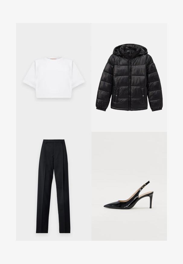 Black quilted puffer jacket with hood, zip closure, snap-button pockets, elastic cuffs, and logo patch on the left sleeve.; Cropped white t-shirt made of soft fabric, featuring short sleeves, a round neckline, and ribbed hem details. Simple and unembellished design.; Black trousers made from smooth fabric featuring a high waist, wide legs, front pleats, and classic belt loops. No side pockets visible.; Black patent leather slingback pump with pointed toe, slim heel, and a subtle cutout design. Features a gold buckle on the strap.