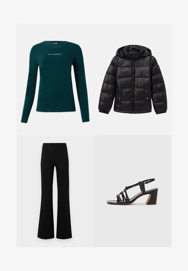 Mustmustarist kašmirist kraavi jakk kapuutsiga, lukuga sulgemine, nööbiga taskud, elastsed mansetid ja logo lipik vasakul varrukal.; Tume roheline pika varruka ja ümmarguse kaelusega T-särk, mille keskel rinnal on valge "EA7 Emporio Armani" logo opositsioonis valge taustaga.; Mustad põlvpüksid kõrge vöökohaga, valmistatud venivast kangast. Esiküljel on vertikaalsed õmblusdetailid ja sile tekstuur.; Paul Smith AMIRA - Klassikalised kontsakingad - black