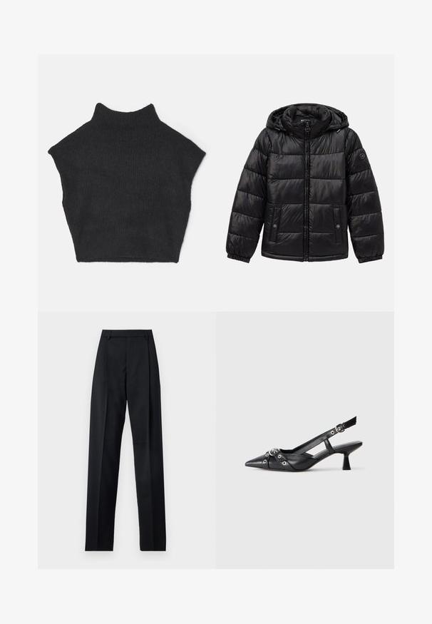 Juodas siuvinėtas pūkinis švarkas su kauke, užtrauktuku, spaudėmis kišenėmis, elastingomis rankogaliais ir logotipo aplikacija kairiajame rankove.; Juoda raibota megzta be rankovių golfo tipo liemenė su aukštu apykakle, pasižyminti trumpu dizainu ir minkšta tekstūra.; Juodos kelnės iš lygaus audinio, pasižyminčios aukštu liemeniu, plačiomis kojomis, priekinėmis klostėmis ir klasikiais diržo kilpomis. Šoninių kišenių nematyti.; Juodas odinis slingback tipo batai su smailiu priekiniu atvartu, dekoratyvinėmis sagtimis su metaliniais akyčiais ir žemu blokiniu kulnu. Saldus paviršius.