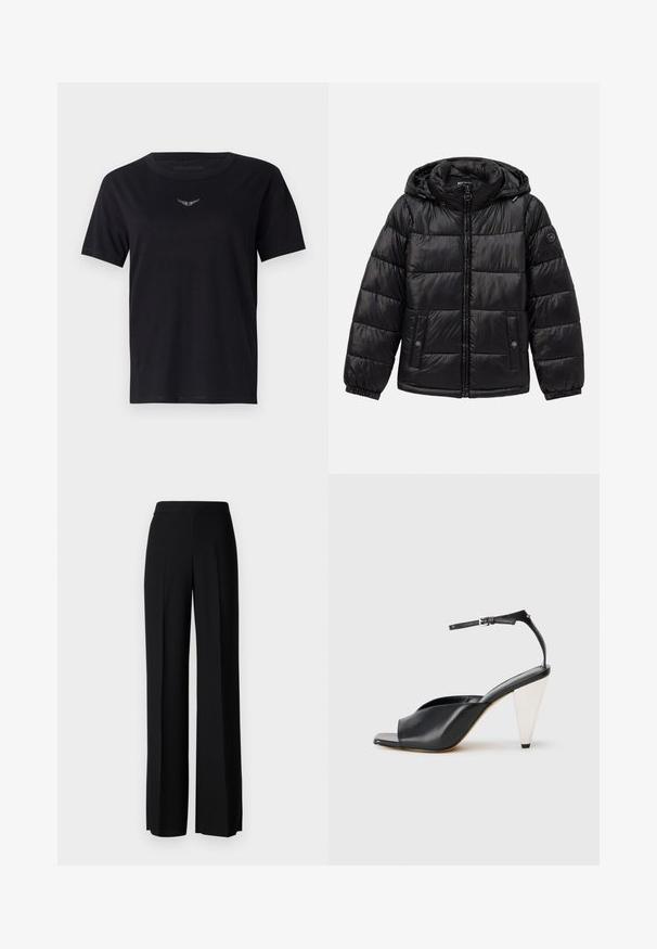 Svart quilted puffer-jakke med hette, glidelås foran, knapp-lukking lommer, elastiske mansjetter og en logo-patch på venstre erme.; Svart bomull t-skjorte med rund hals, korte ermer og en subtil, teksturert logo i sølv på brystet. Glatt stofffinish.; Sorte vidde bukser med en glatt tekstur, med høy midje og sentrale folder. Ingen synlige mønstre eller maskinvaredetaljer.; Svart lær høyhælte sandaler med åpen tå, asymmetrisk design, ankelstropp og en metallisk kjegleformet hæl. Glatt tekstur hele veien.