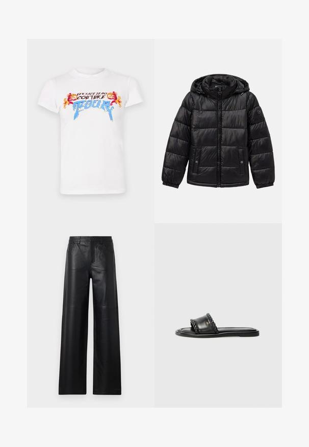 Melnā uzpušķotā puffer jaka ar kapuci, ar rāvējslēdzēju, pogu kabatām, elastīgām piedurknēm un logo uzlīmi kreisajā piedurknē.; Baltas kokvilnas T-krekls ar daudzkrāsainu grafisko druku, kurā redzams "VERSACE JEANS COUTURE" un grezni akcenti sarkanā un zilā krāsā.; Platas kāju melnas ādas bikses ar gludu tekstūru, kurām ir priekšējās kabatas, pogu aizdare un smalki izšuvumi.; Melnas ādas sandalītes ar austiem siksnu elementiem, plakana zole un elegants dizains. Gluda tekstūra un minimālistisks profils.