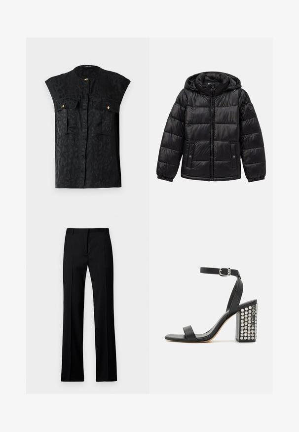 Črna podložena puhovka s kapuco, zadrgo, žepoma na nastavek s gumbom, elastičnimi manšeti in logotipom na levem rokavu.; Črna brezrokavna majica z diskretnim leopardskim vzorcem, dvema žepoma na prsih z zlatimi detajli in okroglim izrezom. Gladek tekstil.; Črne hlače ravnega kroja iz gladkega materiala, z ravnim sprednjim delom, z passom za pas in brez vidnih žepov ali okrasnih elementov.; Črne usnjene sandale s peto in zankami okoli gležnja. Imajo kvadratno konico, gladko teksturo in kvadratno blok peto, okrašeno z odličnimi srebrnimi žebljički.