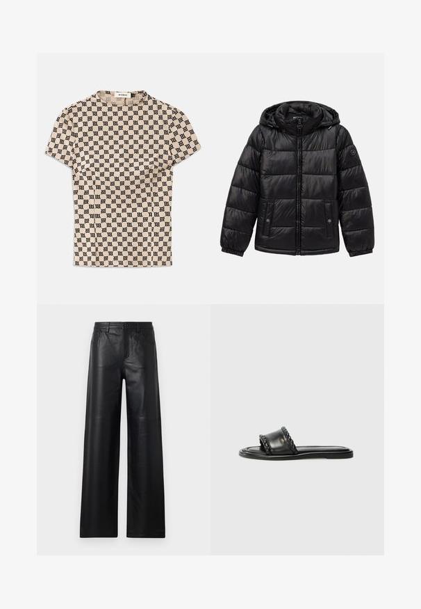 Black quilted puffer jacket with hood, zip closure, snap-button pockets, elastic cuffs, and logo patch on the left sleeve.; Beige short-sleeve shirt with all-over black gothic-style "M" pattern and a round neckline labeled MISBHV.; Wide-leg black leather pants with a smooth texture, featuring front pockets, a button closure, and subtle stitching details.; Black leather sandal with a woven strap detail, flat sole, and a sleek design. Smooth texture and minimalistic profile.