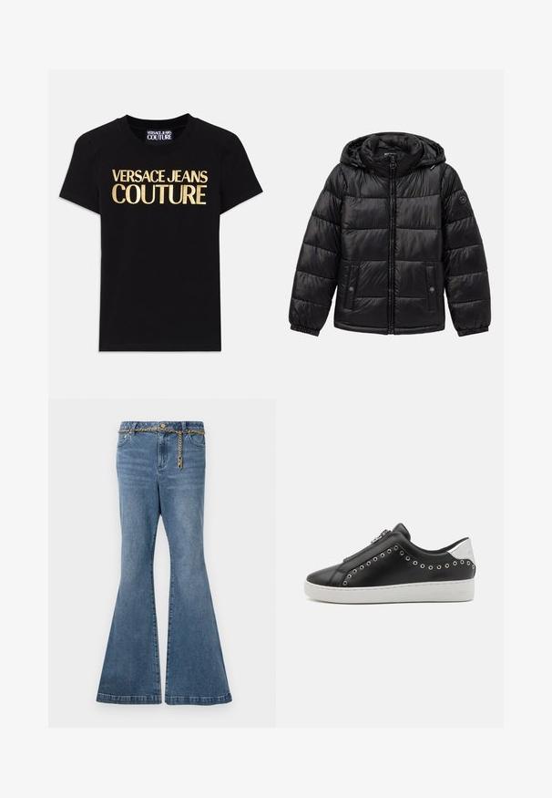 Czarna pikowana kurtka puchowa z kapturem, zamek błyskawiczny, kieszenie zapinane na napy, elastyczne mankiety oraz naszywka z logo na lewym rękawie.; Czarna bawełniana koszulka z krótkim rękawem, z okrągłym dekoltem, z dużym złotym napisem "VERSACE JEANS COUTURE" z przodu.; Niebieskie dżinsy z rozszerzonym dołem w średnim kolorze, z ozdobnym złotym łańcuchem w talii oraz klasycznym pięciopocketowym fasonem.; Czarne skórzane sneakersy z białą gumową podeszwą, bocznym zamkiem błyskawicznym i metalowymi detalami w formie oczek. Srebrny akcent na pięcie z brandingiem.