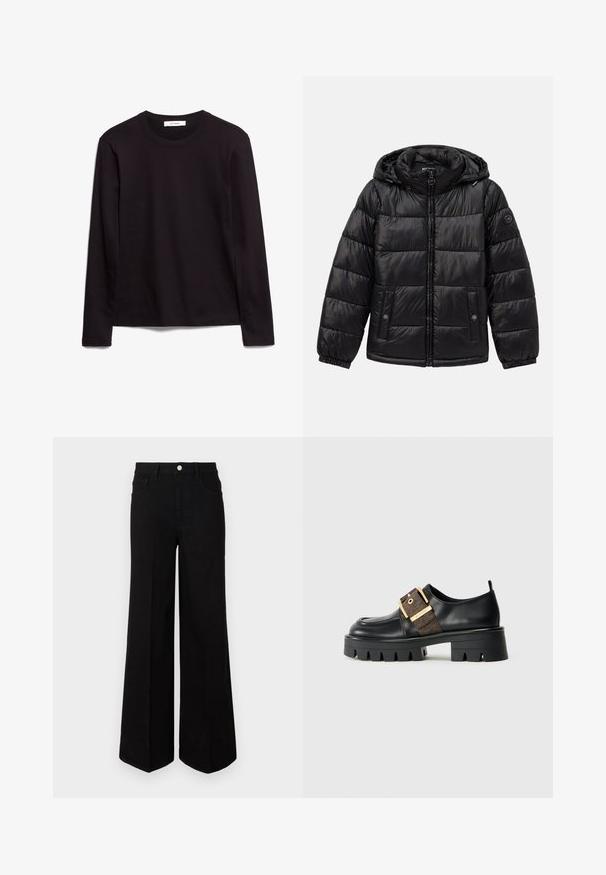 Crna jakna s kvačicama, s kapuljačom, zatvaranjem na patentni zatvarač, džepovima na dugmad, elastičnim manžetama i logotipom na lijevom rukavu.; Crna majica dugih rukava s okruglim izrezom, izrađena od teksturirane tkanine, s ravnim rubom i šivenim detaljima na ovratniku i ramenima.; Crne široke traperice od čvrstog materijala, s visokim strukom, prednjim džepovima i prednjim kopčanjem na dugme. Ravni rub na dnu.; Crne kožne cipele s debelim potplatom, sa zlatnom kopčom i teksturiranim smeškim akcentom. Zaobljen prst i minimalistički dizajn.