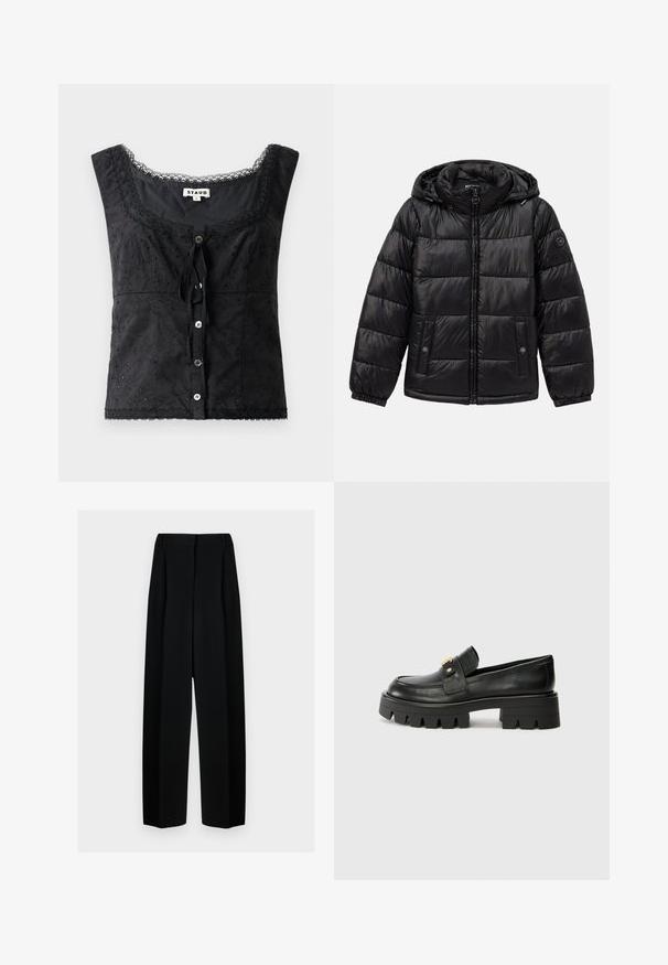 Črna podložena puhovka s kapuco, zadrgo, žepoma na nastavek s gumbom, elastičnimi manšeti in logotipom na levem rokavu.; Črn brezrokavnik s cvetličnim vezenjem, okroglo izrezano dekoltejem, gumbnim zaklepanjem in podrobnostmi iz čipke. Ima vezavo spredaj.; Črne široke hlače z visokim pasom, ki vključujejo naborke in gladko teksturo. Tkanina se zdi lahka in elegantno pada.; Črne usnjene loaferje z debelim podplatom, ki imajo zlatoten naglas na sprednji strani in gladko površino. Debela oblika profila na podplatu.