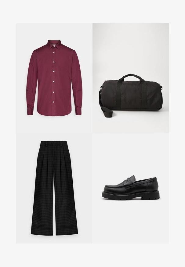 Grijze visgraatjas met een hoge kraag, rits- en knoopsluiting, zijzakken en gebreide manchetten. Textured stof met een klassiek ontwerp.; Bordeaux lange mouwen button-up shirt van katoen met een klassieke kraag, witte knopen en een afgeronde zoom. Gladde textuur, getailleerde pasvorm.; Zwarte katoenen T-shirt met een ronde hals, korte mouwen en een gestructureerd ovaal logo in een donkerdere tint op de borst. Rode merklabel op de halslijn.; Zwarte geruite wijde broek met plooien, voorzien van een gladde textuur en klassiek ontwerp. Lichtgewicht stof voor comfort.; Zwarte leren instappers met een ronde neus, gestructureerde accenten aan de voorkant, en een stevige rubberen zool met sleuven voor grip.; Zwarte sporttas gemaakt van duurzaam materiaal, met twee bovenhandgrepen, een afneembare schouderriem en een gladde, afgeronde vorm.