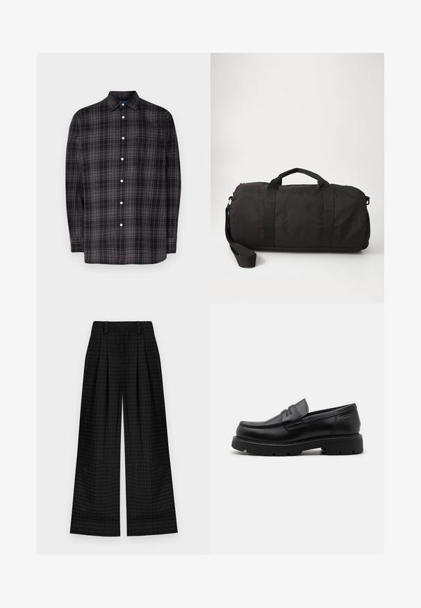 Manteau en chevrons gris avec un col haut, fermeture éclair et bouton, poches latérales et poignets en tricot. Tissu texturé au design classique.; Chemise à boutons noirs et gris à motif tartan, à manches longues, col, poche poitrine unique et boutons blancs. Fabriquée en tissu léger.; T-shirt en coton noir avec un col rond, des manches courtes et un logo ovale texturé dans une teinte plus foncée sur la poitrine. Étiquette de marque rouge sur le col.; Pantalons larges à carreaux noirs avec plis, présentant une texture lisse et un design classique. Tissu léger pour plus de confort.; Mocassins en cuir noir avec un bout arrondi, des accents texturés à l'avant et une semelle en caoutchouc épaisse avec des rainures pour une meilleure adhérence.; Sac de sport noir en tissu durable, doté de deux poignées supérieures, d'une bandoulière amovible et d'une forme lisse et arrondie.