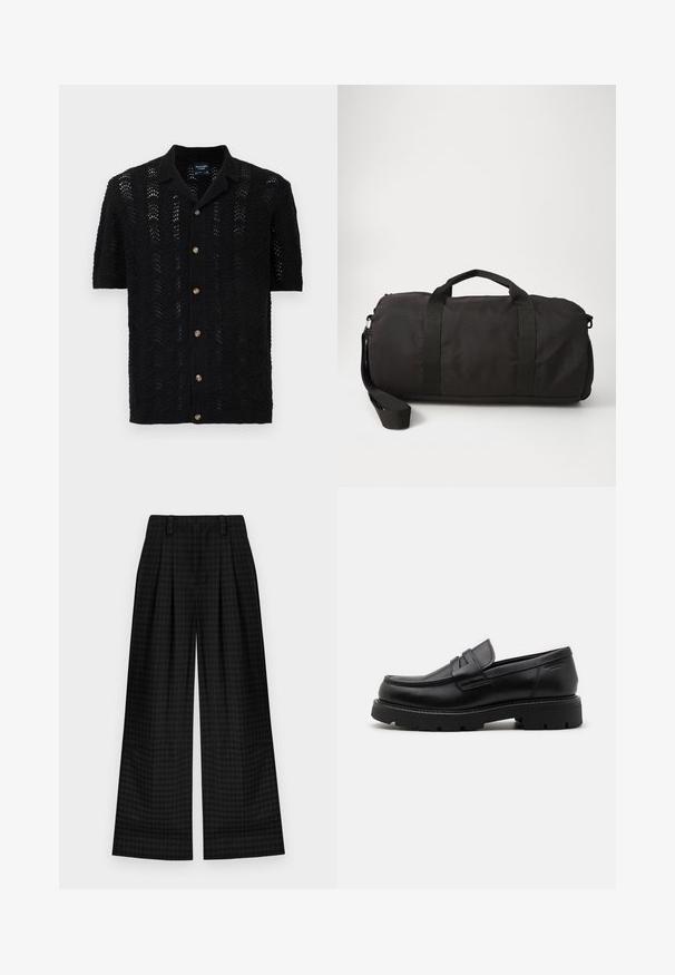 Siv šal s ribjo kostjo z visokim ovratnikom, zadrgo in gumbom za zapiranje, stranskimi žepi in pletenimi manšeti. Teksturna tkanina s klasičnim oblikovanjem.; Črn kratkoslečen pleten kardigan z valovitim vzorcem, z gumbnim zapiranjem in klasičnim ovratnikom. Tekstura, lahka tkanina.; Črne karirane hlače širokega kroja z gubami, ki se ponašajo z gladko teksturo in klasičnim dizajnom. Lahka tkanina za udobje.; Črne usnjene mokasine s zaobljenim nosom, teksturiranimi detajli spredaj in debelim gumijastim podplatom z žlebovi za oprijem.; Črna torba iz trpežnega blaga, ki vsebuje dve vrhnji ročaji, odstranljivo naramnico in gladko, zaobljeno obliko.