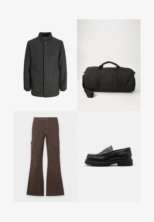 Harmaa herringbone-takki, jossa on korkea kaulus, vetoketju- ja napituskiinnitys, sivutaskut ja neulotut hihansuut. Teksturoitu kangas klassisella suunnittelulla.; Musta puuvillapaita, jossa on pyöreä kaula-aukko, lyhyet hihat ja tummemmassa sävyssä oleva teksturoitu soikea logo rinnassa. Punainen tuotemerkkilappu kaula-aukossa.; Ruskot värissä cargo-housut, joissa on levennetyt lahkeet, sivutaskut, valkoiset ommelkoristeet ja metallinen napin suljenta.; Musta nahkakengät, joissa on pyöreä kärki, teksturoidut yksityiskohdat etuosassa ja paksu kumipohja, jossa on uria pitoa varten.; Musta kassi, joka on valmistettu kestävästä kankaasta, jossa on kaksi yläkahvaa, irrotettava olkahihna ja sileä, pyöristetty muoto.