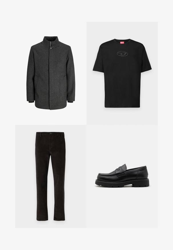 Sivi kaput od riblje kostiju s visokim ovratnikom, zatvaranjem na zip i dugme, bočnim džepovima i pletenim manžetama. Teksturirana tkanina s klasičnim dizajnom.; Crna pamučna majica s okruglim izrezom, kratkim rukavima i teksturiranim ovalnim logotipom tamnije nijanse na prsima. Crvena etiketa marke na izrezu.; Crne pamučne hlače od kordura s ravnim nogavicama, koje imaju zatvaranje na jedan gumb i suptilnu teksturu. Minimalistički stil bez vidljivih uzoraka.; Crne kožne mokasine s округлим prstom, teksturiranim detaljima sprijeda i čvrstim gumenim potplatom s utorima za prianjanje.