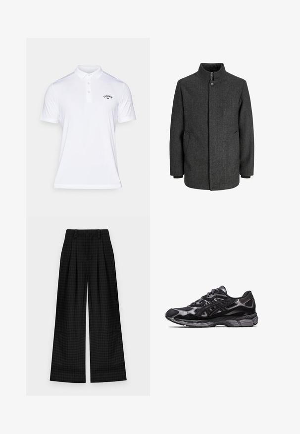 Szary płaszcz w jodełkę z wysokim kołnierzem, zamek błyskawiczny i zapięcie na guziki, boczne kieszenie oraz dziane mankiety. Teksturowana tkanina o klasycznym wzorze.; Callaway - Koszulka polo; Czarne spodnie w szerokim kroju w kratkę z plisami, o gładkiej teksturze i klasycznym designie. Lekka tkanina zapewniająca komfort.; Czarny but sportowy z siateczkową i zamszową cholewką, wyróżniający się teksturowanym wzorem oraz solidną, amortyzującą szaro-skalą podeszwą.
