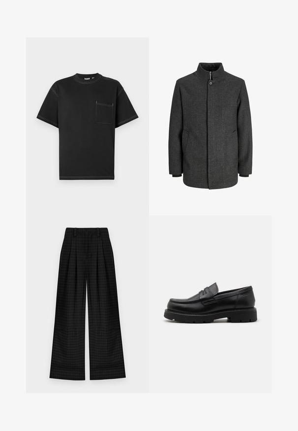 Pelēks jaku cepures mētelis ar augstu apkakli, ar rāvējslēdzēju un pogu aizdari, sānu kabatām un adītām aprocēm. Teksturēts audums ar klasisku dizainu.; Melnā īsām piedurknēm T-krekls no kokvilnas, ar kreisās krūšu puses kabatu, kontrastējošām baltām šuvēm un apaļu kakla izgriezumu.; Melni kvadrātoti plaša kāju bikses ar krokām, kurām ir gluda tekstūra un klasiskā dizaina. Viegls audums komfortam.; Melnas ādas loafers ar noapaļotu purngali, teksturētiem akcentiem priekšpusē un masīvu gumijas zoli ar griezumiem pretslīdēšanai.
