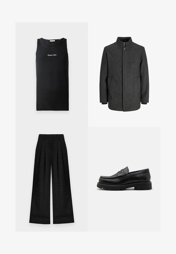 Grå fiskebensmønstret frakk med høy krage, glidelås og knappeåpning, sidelommer og strikkede mansjetter. Teksturert stoff med klassisk design.; Svart tanktopp i ribbestrikket stoff. Har en rund halslinning og en liten hvit "Originals Studio"-logo på brystet.; Svarte rutete brede bukser med legg, med en glatt tekstur og klassisk design. Lett stoff for komfort.; Sorte lærloafers med rund tå, teksturerte detaljer på fronten, og en tykk gummisåle med spor for bedre grep.