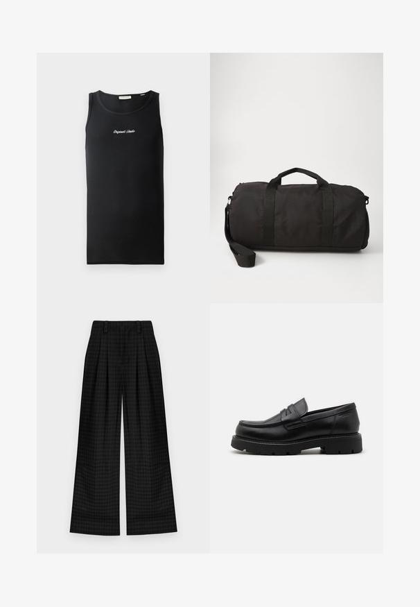 Grå fiskebensmønstret frakk med høy krage, glidelås og knappeåpning, sidelommer og strikkede mansjetter. Teksturert stoff med klassisk design.; Svart tanktopp i ribbestrikket stoff. Har en rund halslinning og en liten hvit "Originals Studio"-logo på brystet.; Svarte rutete brede bukser med legg, med en glatt tekstur og klassisk design. Lett stoff for komfort.; Sorte lærloafers med rund tå, teksturerte detaljer på fronten, og en tykk gummisåle med spor for bedre grep.; Svart duffelbag laget av slitesterk stoff, med to topphåndtak, en avtagbar skulderreim og en glatt, rund form.