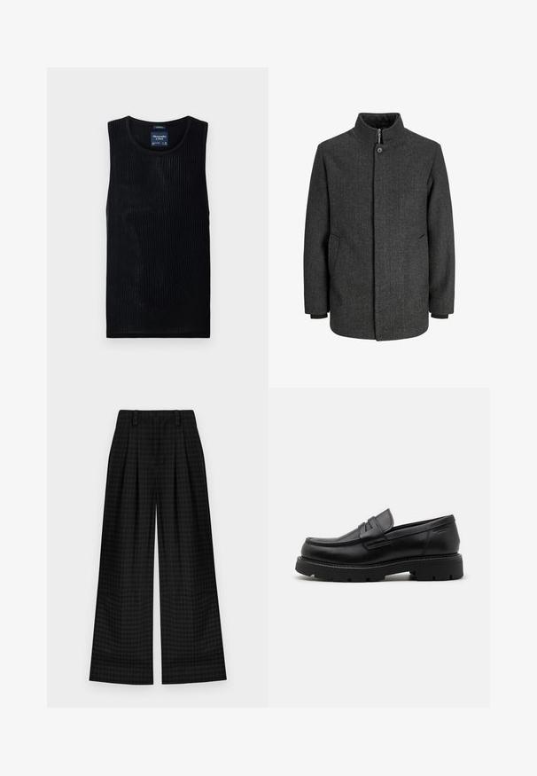 Grau karierten Mantel mit hohem Kragen, Reißverschluss- und Knopfverschluss, seitlichen Taschen und gestrickten Bündchen. Strukturierter Stoff mit klassischem Design.; Schwarzes geripptes Tanktop mit rundem Halsauschnitt und cropped Design. Hergestellt aus leichtem Stoff, mit subtiler Textur und ohne Verzierungen.; Schwarz karierte weite Hosen mit Falten, die eine glatte Textur und ein klassisches Design bieten. Leichter Stoff für Komfort.; Schwarze Lederloafers mit abgerundetem Zehenbereich, strukturierten Akzenten an der Vorderseite und einer stabilen Gummisohle mit Rillen für besseren Halt.