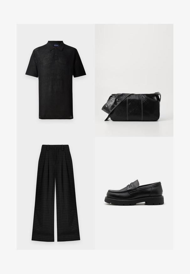 Grå hjerteformet frakke med høj krave, zip- og knaplukning, sidelommer og strikkede manchetter. Tekstileret stof med et klassisk design.; Sort polo skjorte lavet af struktureret strikstof. Har korte ærmer, krave og en tre-knaps placket. Letvægtsdesign, afslappet pasform.; Sorte ternede brede bukser med læg, der har en glat tekstur og klassisk design. Letvægtsstof for komfort.; Sorte læder loafers med rund tå, teksturerede detaljer foran og en kraftig gummisål med riller for bedre greb.; Sort læder skuldertaske med lynlås, der har en tekstureret overflade, hvid syning og en rem med sølvøskner.