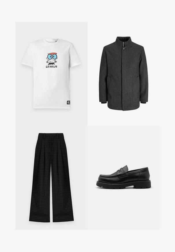 Szürke halászmintás kabát magas gallérral, cipzáras és gombos záródással, oldalsó zsebekkel és kötött mandzsettákkal. Texturált anyag klasszikus kialakítással.; Fehér póló, amelyen egy kék szemüveget viselő, vörös hajú mesehős látható a "GENIUS" felirat felett, a hemnél a Cartoon Network címkéje.; Fekete kockás, bő szabású nadrág, pliszírozott részletekkel, sima textúrával és klasszikus dizájnnal. Könnyű anyag a kényelem érdekében.; Fekete bőr loafer cipők lekerekített orral, texturált díszítéssel az elején, és vastag gumitalppal, amely barázdákkal van ellátva a tapadás érdekében.