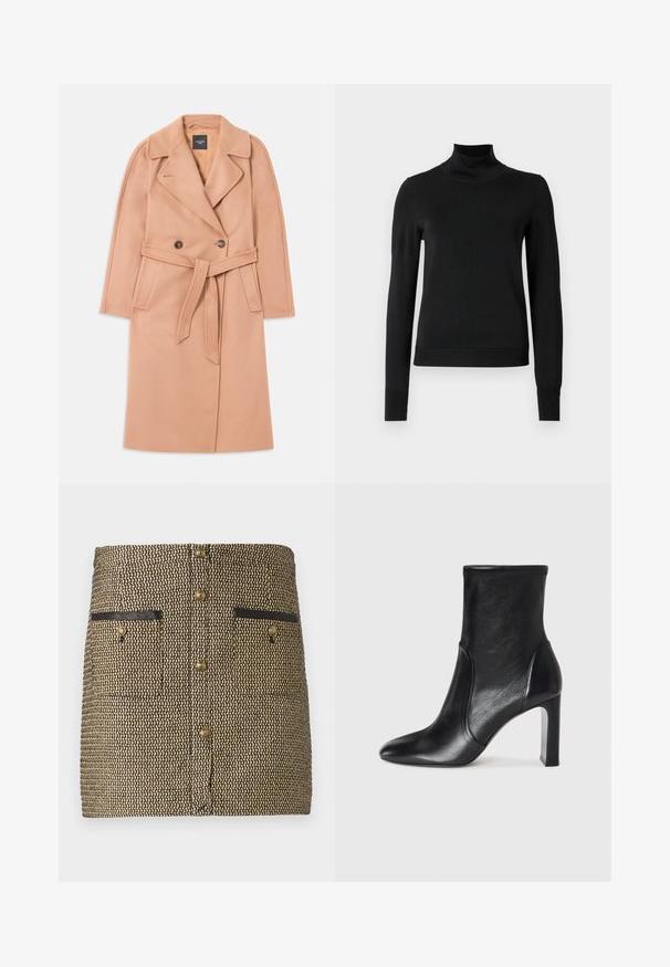 Pfirsichfarbener Wollmischmantel mit tailliertem Gürtel, doppelreihiger Knopfleiste, Reverskragen und Seitentaschen. Glatte Textur und taillierte Passform.; Schwarzer Langarmrollkragenpullover mit gerippten Bündchen und Saum, auf einem schlichten weißen Hintergrund präsentiert.; Gewebter Rock mit einem schwarz-goldenen Muster, zwei Fronttaschen mit schwarzen Akzenten und goldenen Knöpfen in der Mitte.; Schwarze Leder-Stiefelette mit schlankem Design, spitz zulaufender Zehenpartie und hohem Blockabsatz. Verfügt über eine glatte Textur und minimalistische Steppnähte.