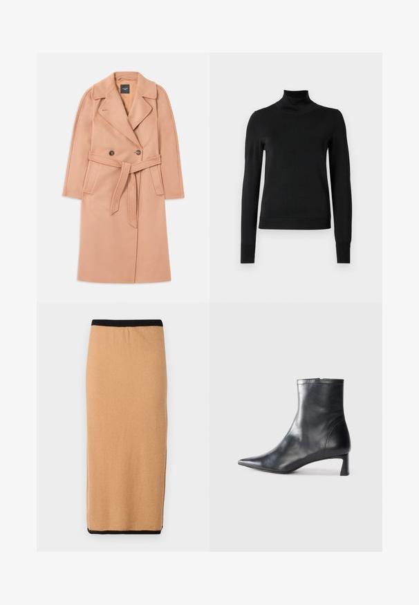 Kaput s odbojkom u boji breskve izrađen od mješavine vune, s pojasom u struku, dvostrukim zatvaranjem, okovratnikom i bočnim džepovima. Glatka tekstura i kroj koji odgovara tijelu.; Crna dugosruga majica s rolijom i rebrastim manžetama i donjim rubom, prikazana na jednostavnoj bijeloj pozadini.; Pola do koljena, pletena suknja boje kamila s crnim elastičnim pojasom i glatkom teksturom. Jednostavan dizajn, bez vidljivih uzoraka ili ukrasa.; Crne kožne gležnjače s uskim vrhom i elegantnim dizajnom. Imaju niski potpetak i zatvaranje na patentni zatvarač straga. Glatka tekstura.