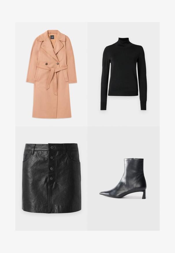 Pfirsichfarbener Wollmischmantel mit tailliertem Gürtel, doppelreihiger Knopfleiste, Reverskragen und Seitentaschen. Glatte Textur und taillierte Passform.; Schwarzer Langarmrollkragenpullover mit gerippten Bündchen und Saum, auf einem schlichten weißen Hintergrund präsentiert.; Schwarzer Lederrock mit hohem Bund, vorderer Knopfverschluss, zwei Seitentaschen und leicht taillierter A-Linie. Strukturierte Oberfläche.; Schwarze Lederstiefelette mit spitzer Zehe und schlankem Design. Verfügt über einen niedrigen Absatz und einen Reißverschluss hinten. Glatte Textur.
