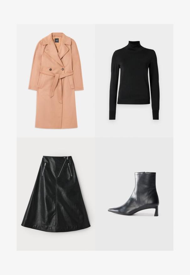 Nádychovo-modrý kabát z vlnenej zmesi s opaskom v páse, dvojité zapínanie, klopový golier a bočné vrecká. Hladká textúra a prispôsobený strih.; Čierny dlhý rukáv rolák s rebrovanými manžetami a lemom, zobrazený na čistej bielej pozadí.; Čierna kožená sukňa vo forme A s mierne lesklou textúrou, obsahujúca dva asymetrické zipsové vrecká a zapínanie na patentku na páse.; Čierne kožené členkové topánky s špicatou špičkou a elegantným dizajnom. Majú nízky podpätok a zips na zadnej strane. Hladká textúra.