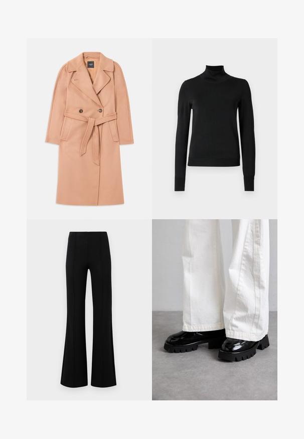 Peachfarvet uldblandingsfrakke med bælte i taljen, dobbeltknaplukning, reverskrave og sidelommer. Glat tekstur og tætsiddende pasform.; Sort langærmet turtleneck sweater med ribbede manchetter og kant, vist på en simpel hvid baggrund.; Sorte højtaljede flared bukser lavet af strækbart stof. Har vertikale sømdetaljer foran og en glat tekstur.; Sorte sko med kraftig sål og glansfuld finish, parret med hvide bukser med bred ben. Bemærkelsesværdig tykk sål og glat tekstur på skoene.