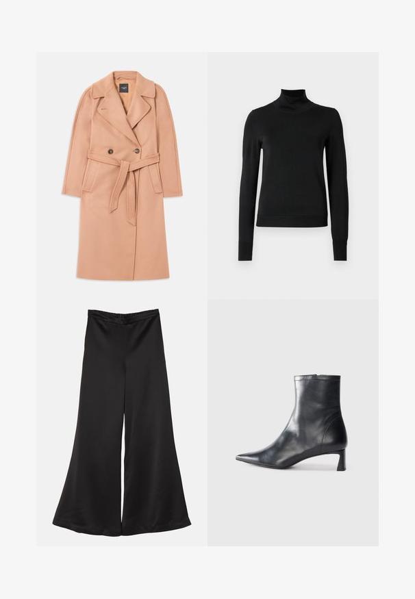 Perzikkleurige wollen blendjas met een ceintuur in de taille, dubbele knopen aan de voorkant, reverskraag en zijzakken. Glad textuur en getailleerde pasvorm.; Zwarte trui met lange mouwen en col, voorzien van geribde manchetten en zoom, weergegeven op een effen witte achtergrond.; By Malene Birger LUCEE - Broek - black; Zwarte leren enkellaars met een spitse neus en een slank ontwerp. Heeft een lage hak en een ritssluiting aan de achterkant. Gladde textuur.