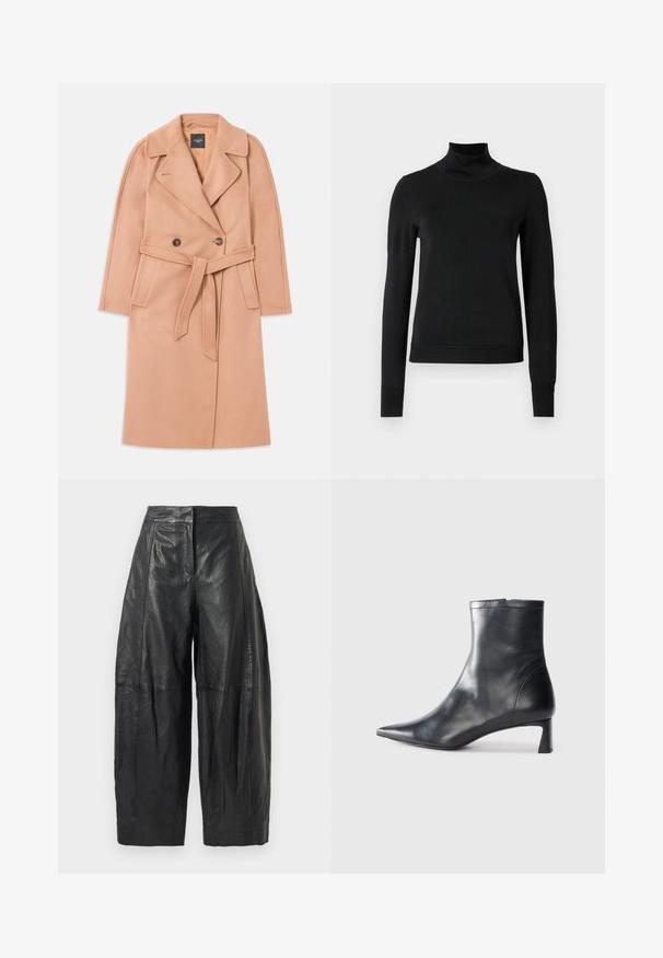 Cappotto in misto lana color pesca con vita cintrata, fronte doppiopetto, colletto a revers e tasche laterali. Texture liscia e vestibilità sagomata.; Pullover nero a maniche lunghe con collo alto, rifinito con polsini e orlo a coste, mostrato su uno sfondo bianco semplice.; Pantaloni in pelle nera a gamba larga con vita alta, caratterizzati da cuciture sottili e una texture liscia. Lunghezza cropped fino a metà polpaccio.; Stivaletto in pelle nera con punta affusolata e design elegante. Presenta un tacco basso e una chiusura con zip sul retro. Texture liscia.