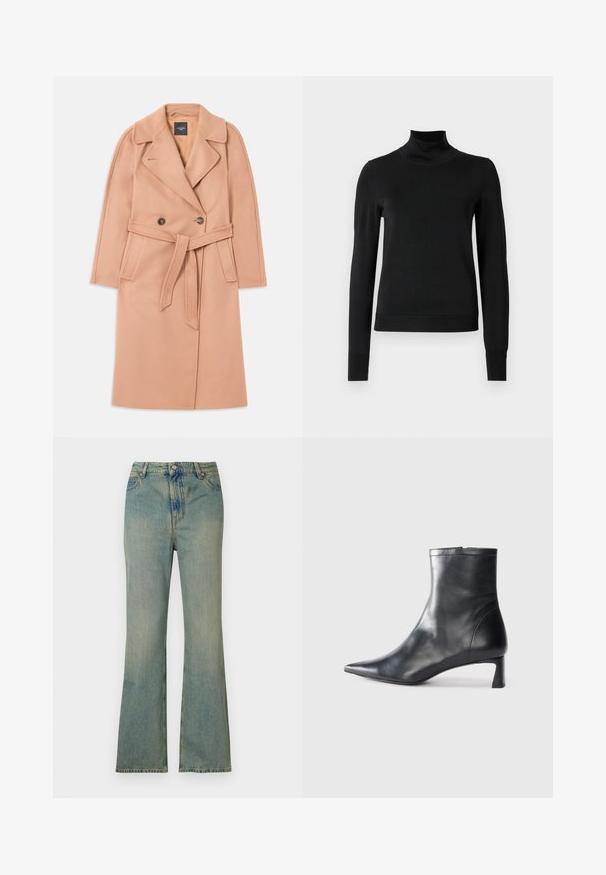 Palton din amestec de lână, de culoare piersică, cu talie accentuată printr-o curea, cu închidere dublă și guler cu rever, având buzunare laterale. Textură netedă și croială ajustată.; Pulover negru cu mânecă lungă și guler tip colier, cu manșete și tiv cu elastic, expus pe un fundal alb simplu.; Jeans din denim decolorat de culoare albastru deschis, cu talie înaltă, cinci buzunare și închidere cu fermoar. Finisaj curat și decolorat, cu detalii de cusătură subtile.; Cizmă de gleznă din piele neagră cu vârf ascuțit și un design elegant. Dispune de un toc mic și de o închidere cu fermoar la spate. Textură netedă.