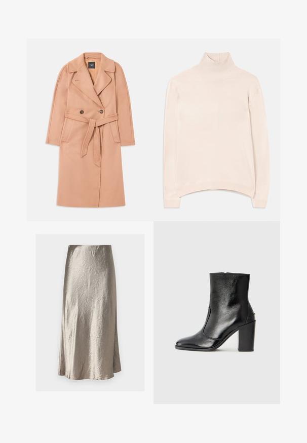 Plaščno obarvan plašč iz volnenega mešanice z pasom, dvojno gumbno zapiranje, ovratnikom in stranskimi žepi. Gladka tekstura in prilegajoč kroj.; Sveternik dolgega rokava v svetlo roza barvi s polo ovratnikom in ribastim robom, ki ima sproščen kroj in mehak, gladek material.; Max Mara Leisure ALESSIO - Krilo A-kroja - tortora; Črne usnjene gležnarske čevlje z gladko teksturo, koničastim nosom in debelim visokim petam. Imajo stransko odprtino in minimalističen dizajn.