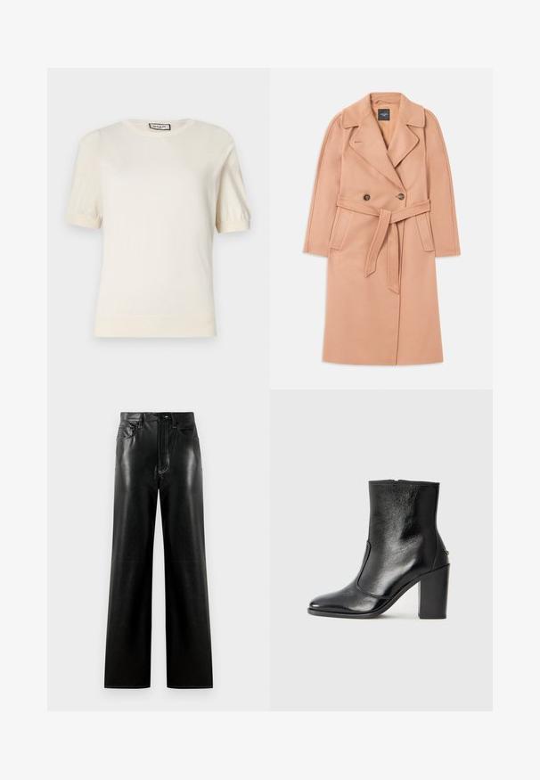 Manteau en mélange de laine de couleur pêche avec une taille ceinturée, une fermeture à double boutonnage, un col à revers et des poches latérales. Texture lisse et coupe ajustée.; Paul & Joe BASTIEN - Pullover - ecru; Pantalons larges en cuir noir avec une finition lisse, dotés d'un bouton et d'une fermeture éclair, de poches avant et de détails de surfilage contrastants.; Bottine en cuir noir, avec une texture lisse, un bout pointu et un talon chunky haut. Présente une ouverture sur le côté et un design minimaliste.