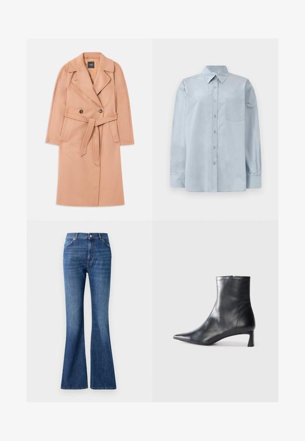 Manteau en mélange de laine de couleur pêche avec une taille ceinturée, une fermeture à double boutonnage, un col à revers et des poches latérales. Texture lisse et coupe ajustée.; Chemise boutonnière à manches longues, de couleur bleu clair, avec un col pointu et une poche poitrine, posée à plat sur un fond blanc.; Jeans évasés bleus en denim, dotés d'une taille haute, de cinq poches et d'un léger effet d'usure près des coutures.; Bottine en cuir noir avec un bout pointu et un design épuré. Présente un petit talon et une fermeture éclair à l'arrière. Texture lisse.