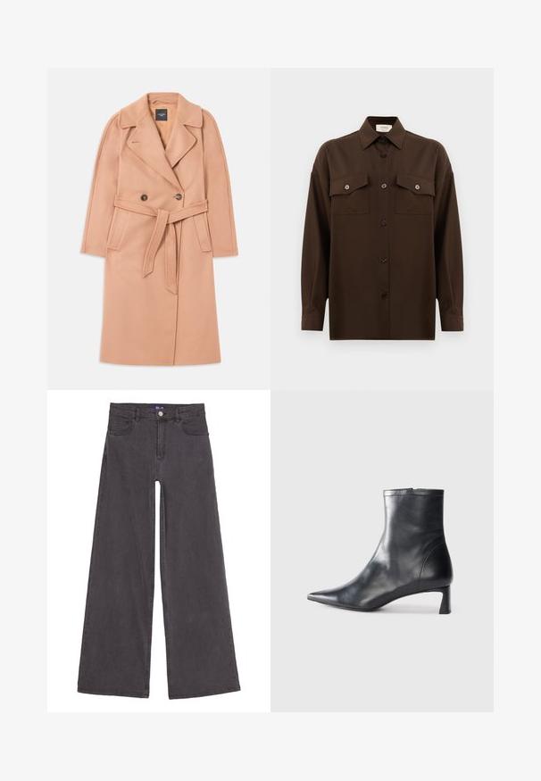 Pfirsichfarbener Wollmischmantel mit tailliertem Gürtel, doppelreihiger Knopfleiste, Reverskragen und Seitentaschen. Glatte Textur und taillierte Passform.; Dunkelbraunes Langarmhemd mit Knopfleiste, zwei Brusttaschen mit Klappe und klassischem Kragen, vor einem schlichten weißen Hintergrund präsentiert.; Schwarzweitt legged Jeans aus Denim, hergestellt aus Baumwollstoff. Verfügt über fünf Taschen, einen vorderen Knopfverschluss und gerade Nähte. Glatte Textur.; Schwarze Lederstiefelette mit spitzer Zehe und schlankem Design. Verfügt über einen niedrigen Absatz und einen Reißverschluss hinten. Glatte Textur.