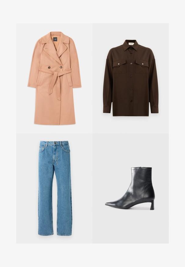 Persiku toni vilnas maisījuma mētelis ar jostu viduklī, dubultā pogu aizdare priekšā, apykakli un sānu kabatām. Gluda tekstūra un piemeklēta piegriezuma.; Tumši brūns garām piedurknēm pogājams krekls ar diviem kabatām uz krūtīm un klasisku apkakli, attēlots uz vienkārša baltā fona.; Gaiši zili džinsi ar brīvu piegriezumu, ar augstu jostasvietu, četriem kabatām un rāvējslēdzēju. Klasiska piecu kabatu dizains.; Melnas ādas potītes zābaki ar norādītu pirkstu un elegantu dizainu. Iezīmē zemu papēdi un rāvējslēdzēja aizdari aizmugurē. Gluda tekstūra.