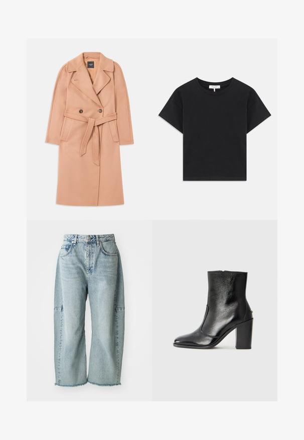 Peach-colored wool blend coat with a belted waist, double-breasted front, lapel collar, and side pockets. Smooth texture and tailored fit.; Black cropped t-shirt made of cotton, featuring a round neckline, short sleeves, and a simple design with no patterns or embellishments.; Light blue denim jeans feature a wide-leg design, frayed hems, and patchwork accents. Made from soft, textured cotton material.; Black leather ankle boot with a smooth texture, pointed toe, and a chunky high heel. Features a side opening and minimalistic design.
