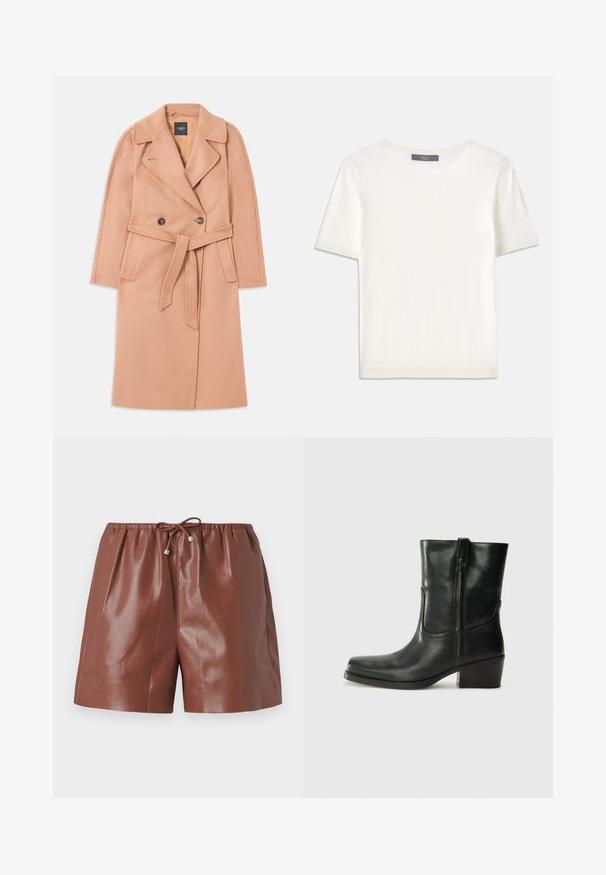 Barack színű gyapjú keverék kabát, övvel a deréknál, dupla gombos elejével, hajtókás gallérral és oldalsó zsebekkel. Sima textúrájú és testre szabott szabású.; Fehér, rövid ujjú kötött felső, kerek nyakkivágással, sima textúrával és diszkrét bordázott részletekkel az ujjain és az alján.; Barna bőr rövidnadrág fényes felülettel, rugalmas derékkal és állítható, fémes részletekkel ellátott megkötővel. Simább textúrájú és igényesen szabott kivitel.; Fekete bőr bokacsizma lekerekített orral, blokk sarkúval, oldalsó cipzárral és varrásos díszítéssel az elején. Simább textúra, klasszikus dizájn.