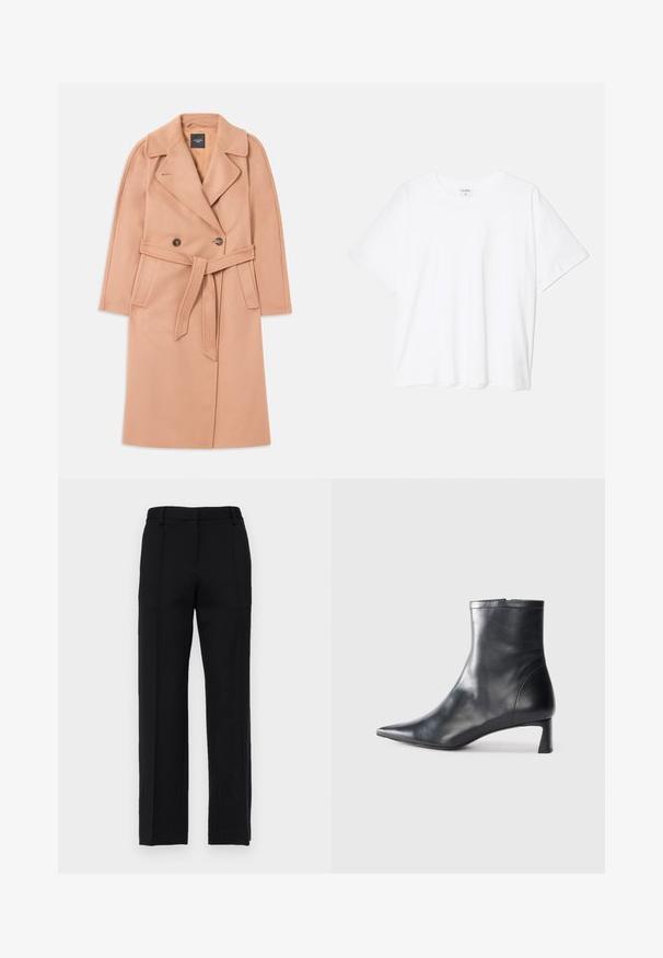 Manteau en mélange de laine de couleur pêche avec une taille ceinturée, une fermeture à double boutonnage, un col à revers et des poches latérales. Texture lisse et coupe ajustée.; T-shirt en coton blanc avec des manches courtes, un col rond, une coupe décontractée et un ourlet cousu. Étiquette visible à l'intérieur du col.; Pantalon noir ajusté avec une coupe droite, doté de plis avant et d'une ceinture plate. Fabriqué dans un tissu lisse et texturé.; Bottine en cuir noir avec un bout pointu et un design épuré. Présente un petit talon et une fermeture éclair à l'arrière. Texture lisse.