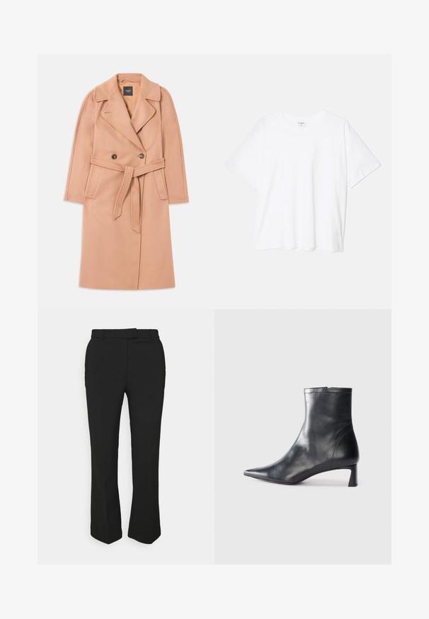 Palton din amestec de lână, de culoare piersică, cu talie accentuată printr-o curea, cu închidere dublă și guler cu rever, având buzunare laterale. Textură netedă și croială ajustată.; Tricou alb din bumbac, cu mâneci scurte, guler rotund, croi lejer și tiv cusut. Eticheta este vizibilă pe interiorul gulerului.; Pantaloni negri, croiți pe picior drept, cu bucle pentru curea și buzunare laterale. Fabricate dintr-un material neted, cu un finisaj curat.; Cizmă de gleznă din piele neagră cu vârf ascuțit și un design elegant. Dispune de un toc mic și de o închidere cu fermoar la spate. Textură netedă.
