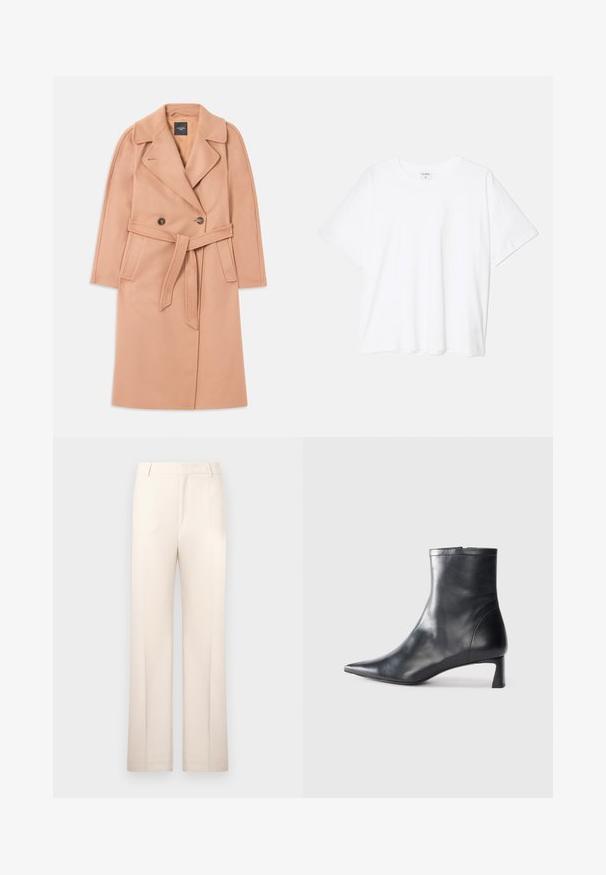 Perzikkleurige wollen blendjas met een ceintuur in de taille, dubbele knopen aan de voorkant, reverskraag en zijzakken. Glad textuur en getailleerde pasvorm.; Witte katoenen t-shirt met korte mouwen, ronde halslijn, comfortabele pasvorm en gestikte zoom. Etiket zichtbaar aan de binnenzijde van de hals.; Beige pantalon met een rechte pijp, gemaakt van lichtgewicht stof. Bevat voorplooien en een klassieke tailleband.; Zwarte leren enkellaars met een spitse neus en een slank ontwerp. Heeft een lage hak en een ritssluiting aan de achterkant. Gladde textuur.