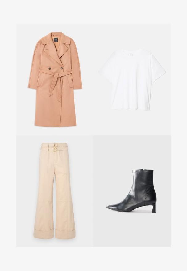 Manteau en mélange de laine de couleur pêche avec une taille ceinturée, une fermeture à double boutonnage, un col à revers et des poches latérales. Texture lisse et coupe ajustée.; T-shirt en coton blanc avec des manches courtes, un col rond, une coupe décontractée et un ourlet cousu. Étiquette visible à l'intérieur du col.; Pantalons larges beige à taille haute, dotés de deux boucles circulaires dorées et de poches à l'avant ; tissu en coton lisse avec des poignets retroussés.; Bottine en cuir noir avec un bout pointu et un design épuré. Présente un petit talon et une fermeture éclair à l'arrière. Texture lisse.