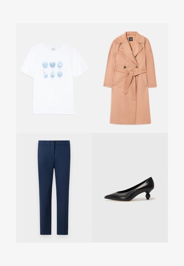 Persiko spalvos vilnos mišinys paltas su diržu ant liemens, dvigubo užsegimo priekyje, apykakle ir šoninėmis kišenėmis. Lygus paviršius ir pritaikytas siluetas.; Balta medvilninė marškinėliai su mėlynu piešiniu, kuriame pavaizduotos šešios vaisių iliustracijos: trys obuoliai ir trys kriaušės, skirtingų formų ir dydžių.; Tamsiai mėlyni kelnės, pagamintos iš audinio, su lygia priekiu, diržo kilpomis ir pritaikytu siluetu. Be matomų raštų ar akcentų.; Juoda odinė aukštakulnė bateliai su smailiu pirštu ir apvaliu, iškiliu kulnu. Lygus paviršius su elegantišku, minimalistiniu dizainu.