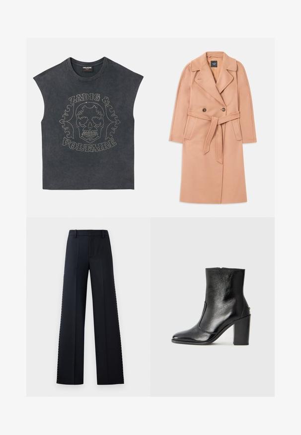 Pfirsichfarbener Wollmischmantel mit tailliertem Gürtel, doppelreihiger Knopfleiste, Reverskragen und Seitentaschen. Glatte Textur und taillierte Passform.; Ärmelloses graues T-Shirt mit Rundhalsausschnitt, das auf der Vorderseite mit metallischen Nieten in Form eines Schädels und dekorativem Text gestaltet ist. Weicher Stoff.; Schwarze weit geschnittene Hose. Maßgeschneiderte Passform mit glatter Textur. Verfügt über eine Reihe von metallischen Nieten entlang der Seitennaht für Details.; Schwarze Leder-Stiefelette mit glatter Textur, spitzem Fuß und klobigem hohen Absatz. Verfügt über eine seitliche Öffnung und ein minimalistisches Design.